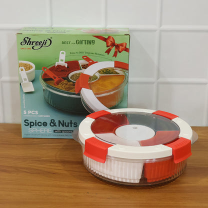 Plastic 5 Compartment Spice Storage Box With Spoons